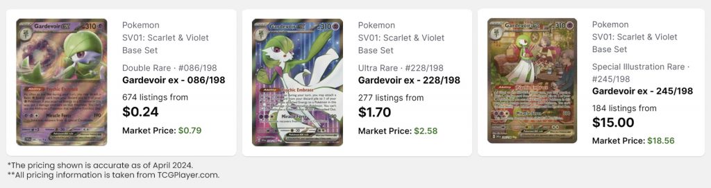A price comparison of different rarity Gardevoir ex Pokémon cards.